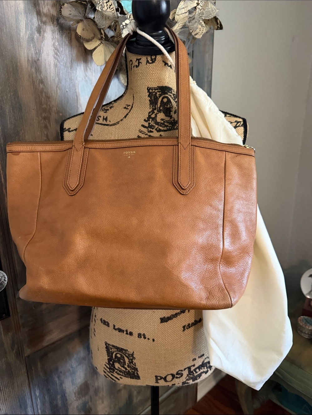 Fossil Cognac Leather Tote with Double Handles